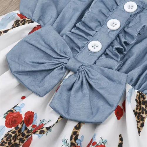 Summer Kid Baby Girl Sleeveless Denim Floral Ruffle Dresses Princess Party Patchwork Dress | Мать и ребенок