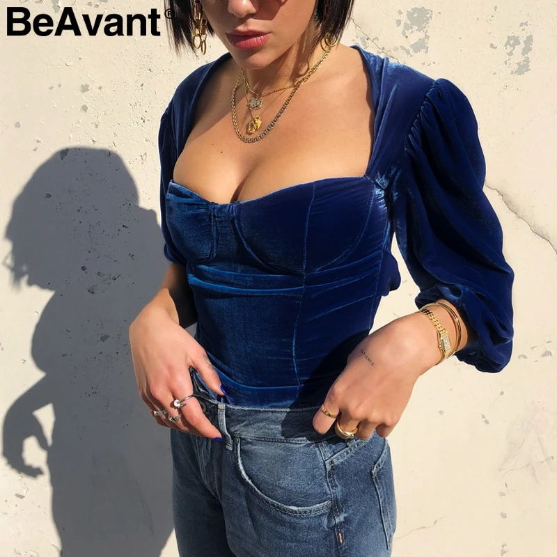 Женский боди с длинным рукавом BeAvant винтажный облегающий бархатный короткий