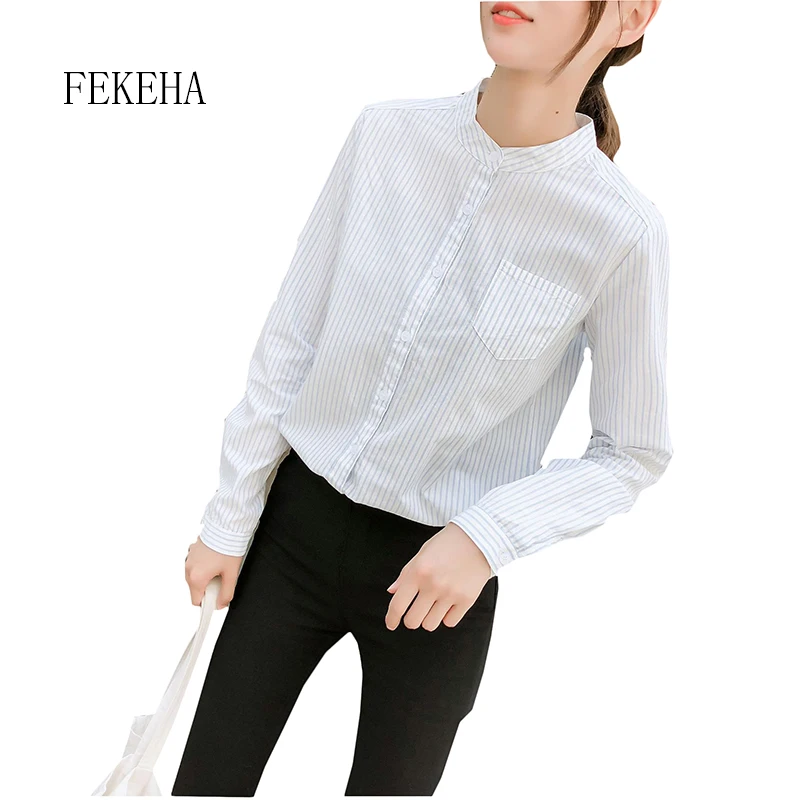 

FEKEHA Autumn Women Tops And Blouse Long Sleeve Blue Striped Shirt 100% Cotton Casual Lady Office Tops Blusas Work Shirt