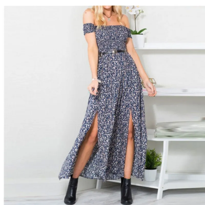

Womens Summer off shoulder Boho Dress Casual Floral Beach Long Sundress