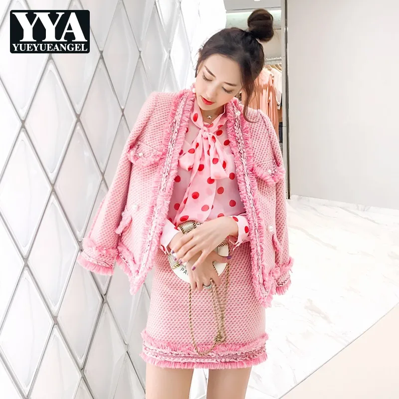 Брендовый роскошный женский розовый твидовый комплект модный пиджак с бахромой