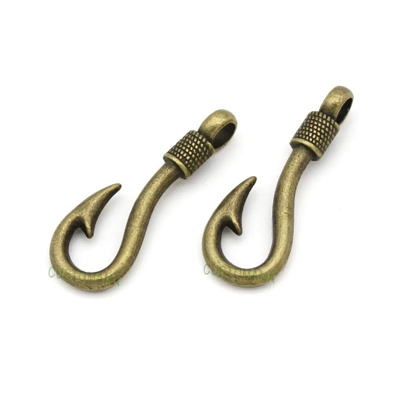 

30pcs- Antique Silver / Bronze Fish Hook Charms Pendants 37x13mm