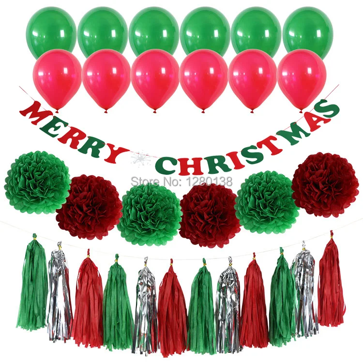 Красный и зеленый Рождественский баннер из салфетки помпон цветочный шар