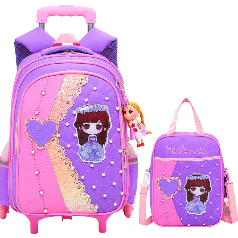 Набор детских школьных портфелей с мультипликационным рисунком, детские рюкзаки с тележкой на 6 колесах для девочек, ранец