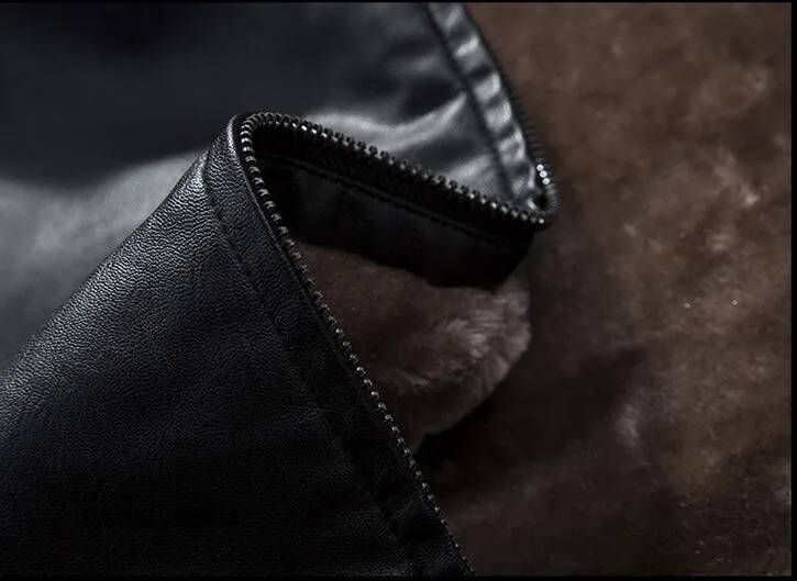 Мужская кожаная куртка на меху длинная с капюшоном из искусственной кожи черного