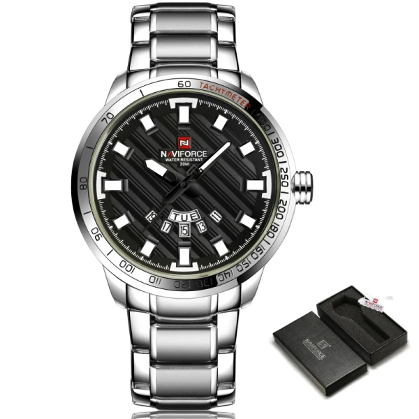 Silver Black Роскошный бренд NAVIFORCE часы мужские спортивные полностью Стальные кварцевые часы мужские 3ATM водонепроницаемые часы мужские военные наручные часы - Цвет: Silver Black
