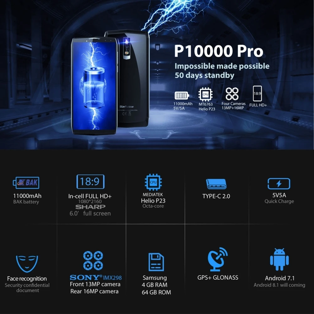 Blackview P10000 PRO смартфоны 11000 мАч 5 В/5A Восьмиядерный распознавание лица 4 Гб 64 99 &quotFHD