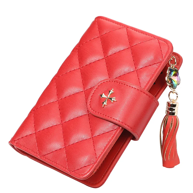 Женский кошелек с кисточками красный кожаный отделением для монет 3 сложения