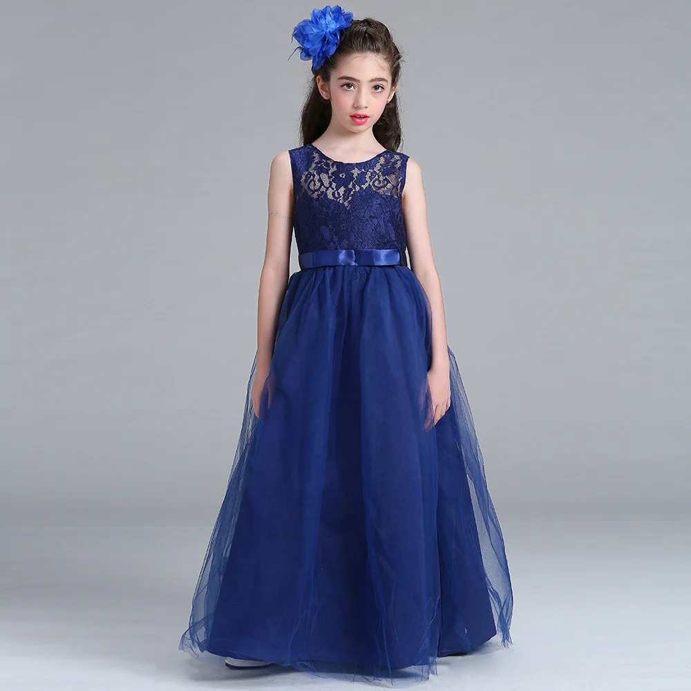 

2018 Hot Sale A-Line Floor Length Scoop Sleeveless Lace And Bow Sash Flower Girls Dresses Cheap Little Girl Party Gowns