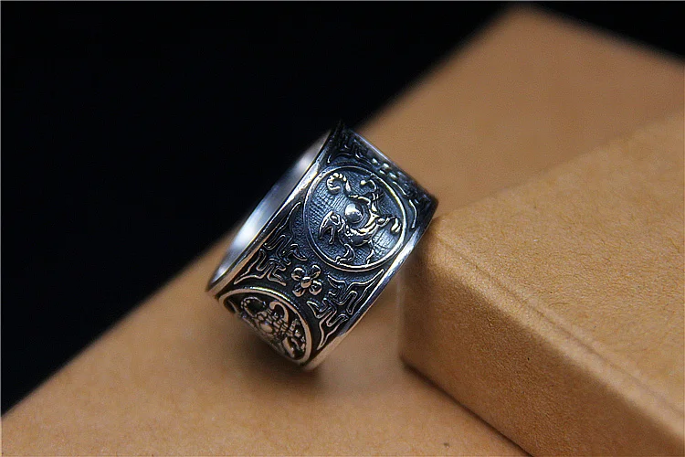 Серебро 999 пробы, черные кольца, тайское серебро, Древний китайский, четыре вида древних животных, кольца для мужчин, уникальные ювелирные изделия