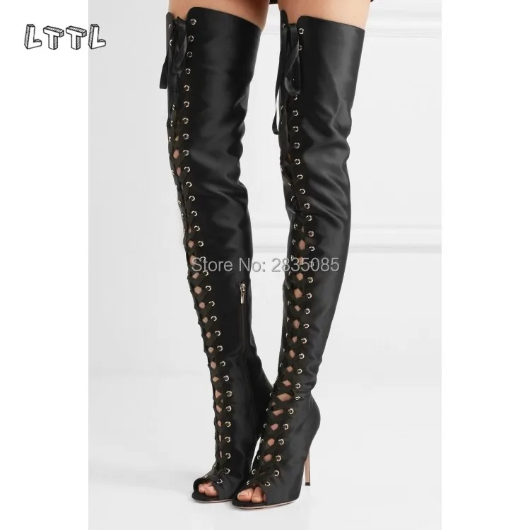 LTTL/Дизайнерские Сапоги-гладиаторы выше колена на каблуке цвет бежевый черный