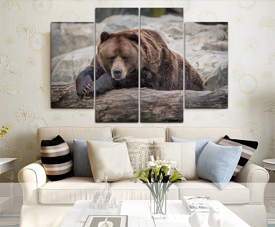 Гризли медведь лежа на дереве Безрамные Картины 4 шт. (без рамки) Printd холсте HD