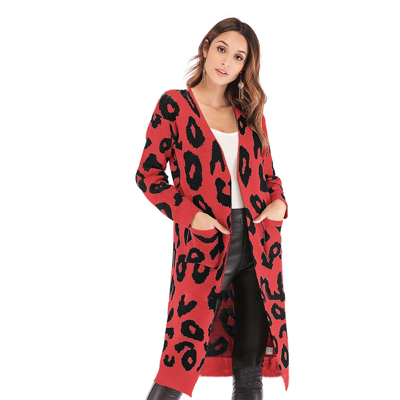 Leopard long cardigan women designer spring autumn winter sweater coat fashion warm sleeve knitted CDR551 |