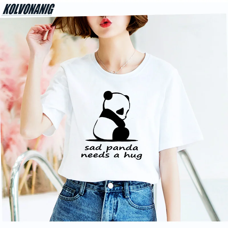 

2019 Summer Humor Sad Panda Needs A Hug Printed T Shirt Women Cute Girl Casual Loose Short Sleeve Top Tees Funny Female T-Shirts