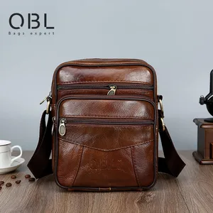 Мужская сумка через плечо QiBoLu, повседневная однотонная деловая сумка-мессенджер из натуральной коровьей кожи, на молнии, 2019
