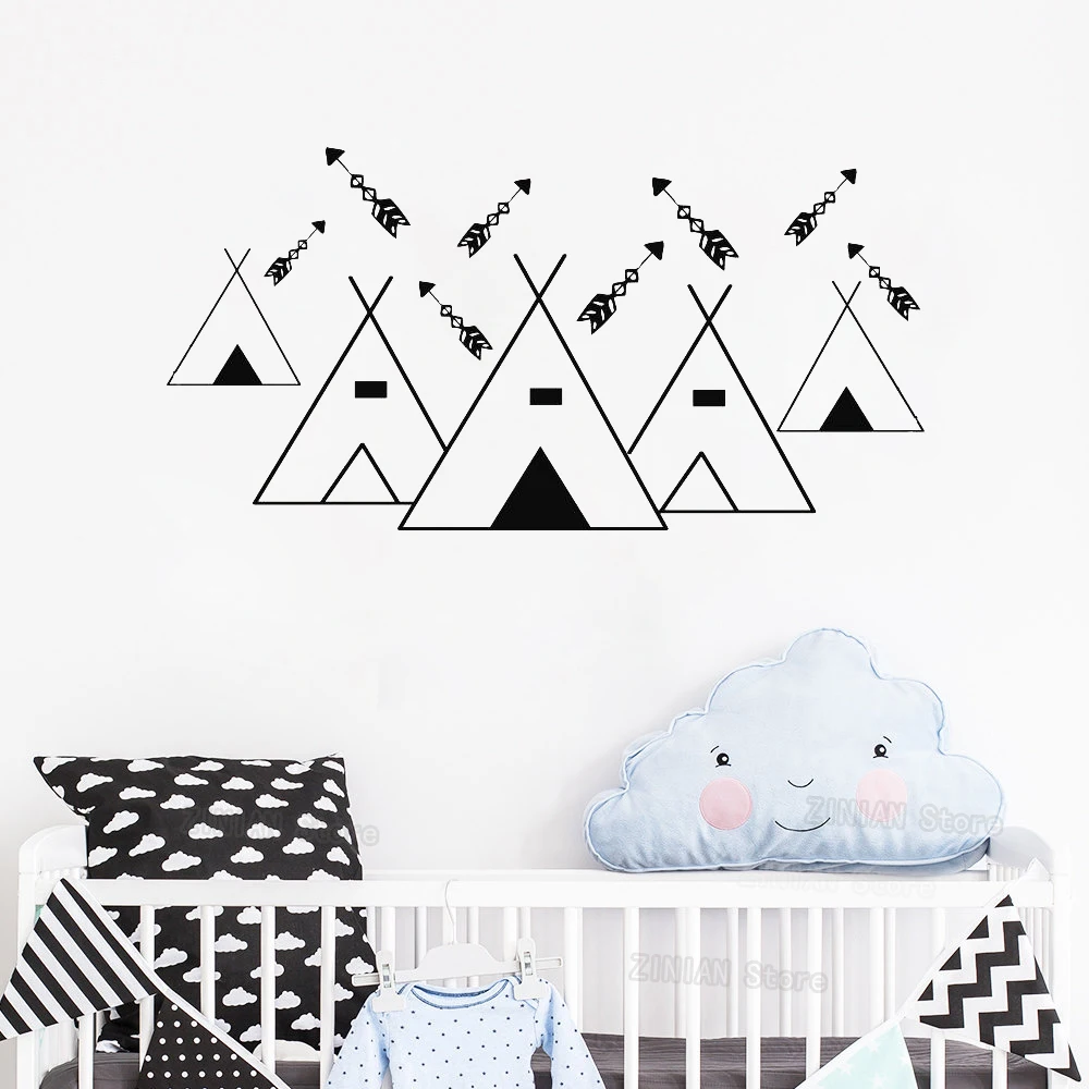 

Tribal Mountains Wall Decal Baby Room Geometric Mountain Wall Stickers Tents Woodland Nursery Arrow Decals Removable Mural Z342