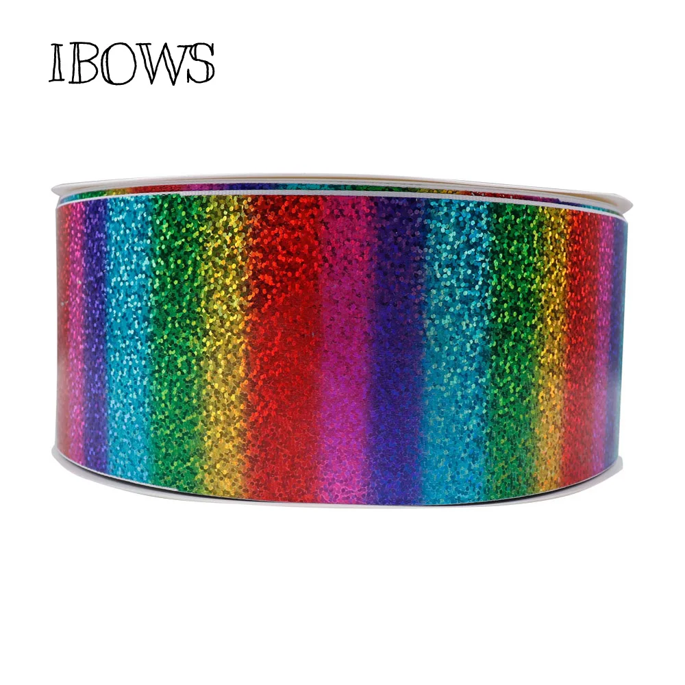 2 ярда/рулон 3 &quot(75 мм) Лазерная Grosgrain лента цветная Радужная DIY аксессуары для