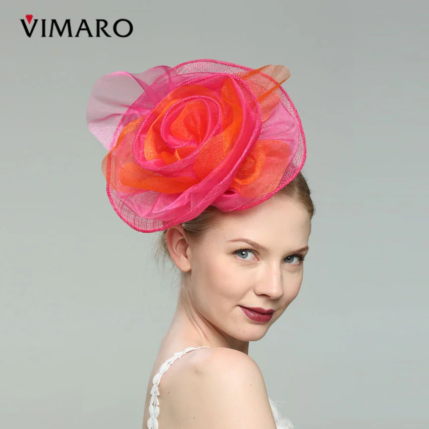 VIMARO Fuchsia And Orange Sinamay Wedding Fascinator Party Hair Accessories For Women Jewelry Hairbands Headpiece Church | Украшения и
