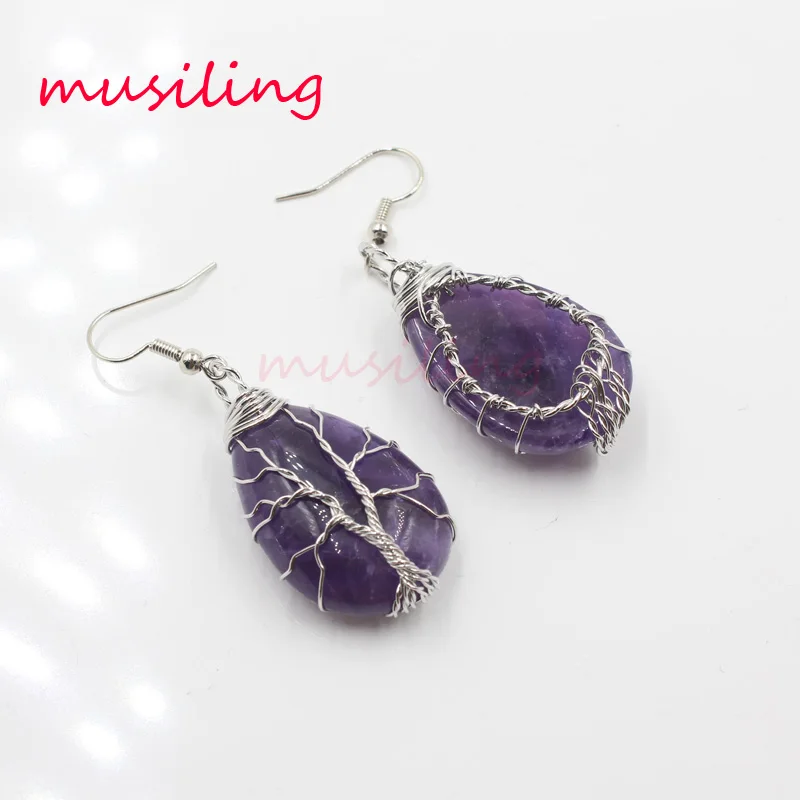 

Silver Plated Water Drop Life Tree Earrings Jewelry For Women Natural Stone Crystal Accessories Charms Jewelry