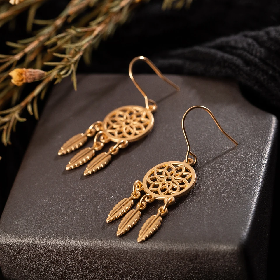 EXYNLON 2019 Fashion tasseled Earrings Anti allergy Bohemian Jewelry for women Leaf eardrop Round carving Catcher network | Украшения и