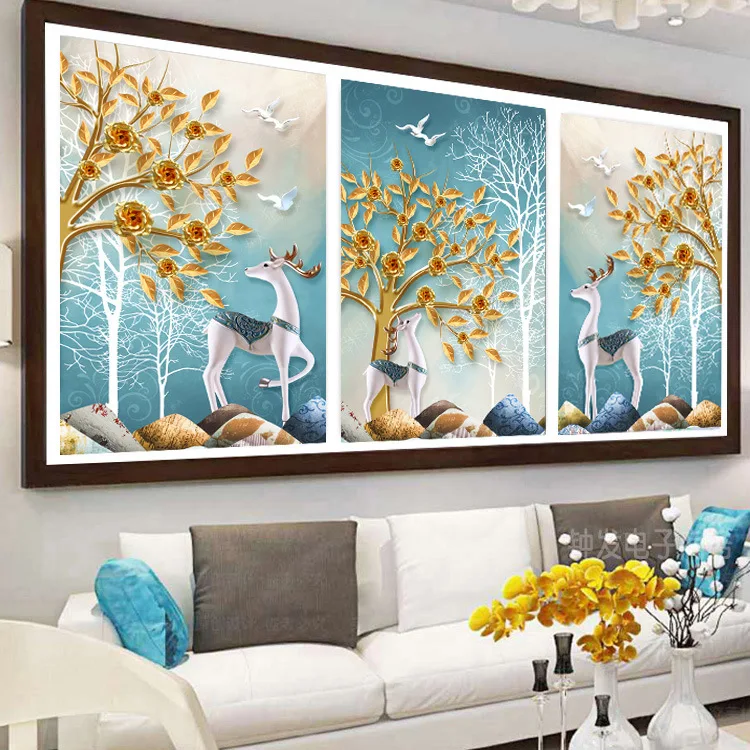 

3pcs/set Needlework,DIY Cross stitch Full Embroidery kit,golden tree lucky deer Printed Pattern cross stitch wedding gift