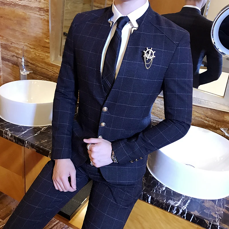 Plyesxale Китайский Стиль Мандарин воротник костюмы для мужчин черный темно-синий Мужские s Slim Fit клетчатые костюмы 2 шт. Свадебный костюм жениха Q270