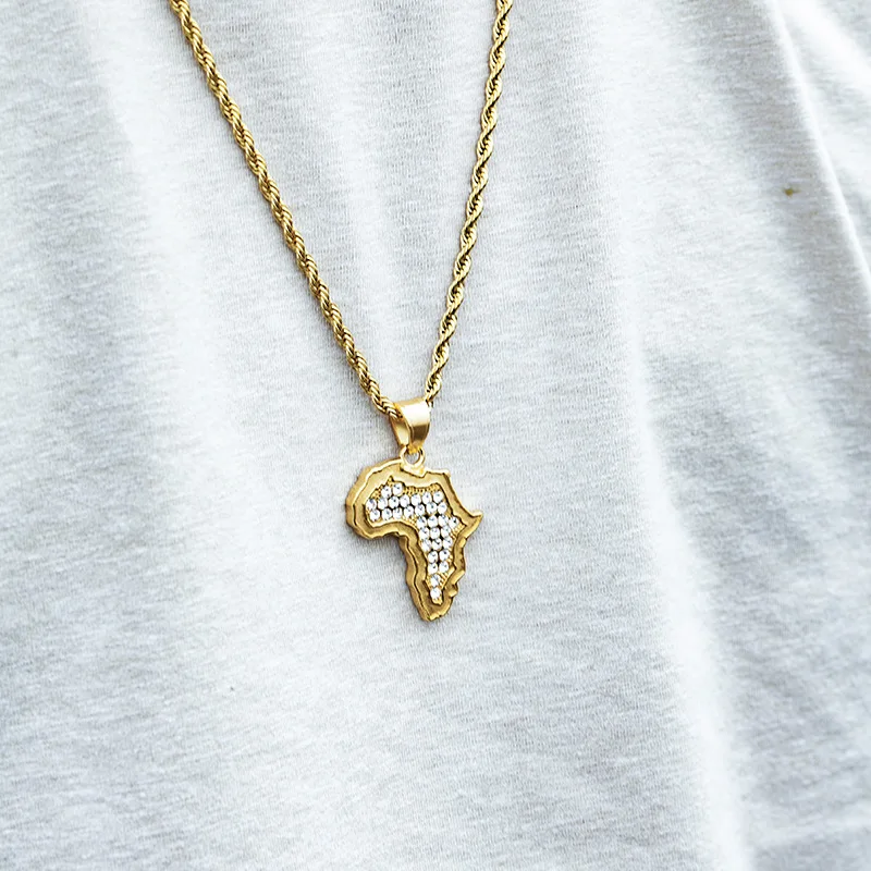 Stainless Steel Crystal Africa Map Pendant Necklace Charm Golden 3MM Rope Chain Religious Jewelry Metal Men Gifts | Украшения и