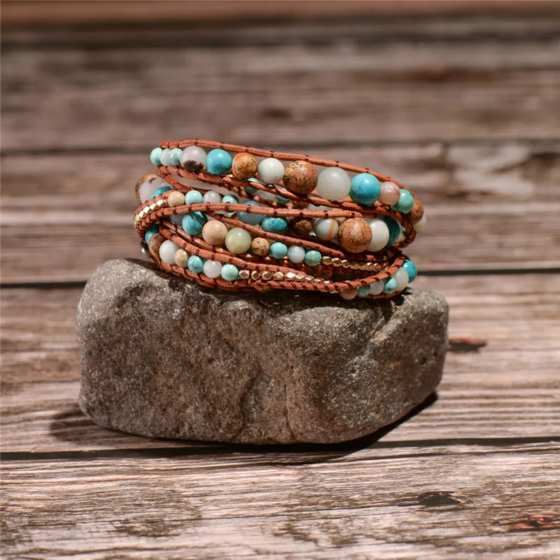 Изысканный градиентный 2018 - 5X кожаный браслет Amazonite золотой многослойный для