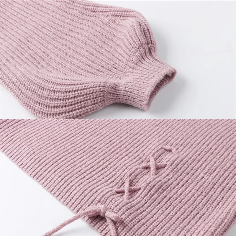V-neck Woman Autumn Winter Pullovers 2018 Cross Strap Lantern Sleeve Lady Pink Knitted Sweater Cashmere Turtleneck Befree | Женская