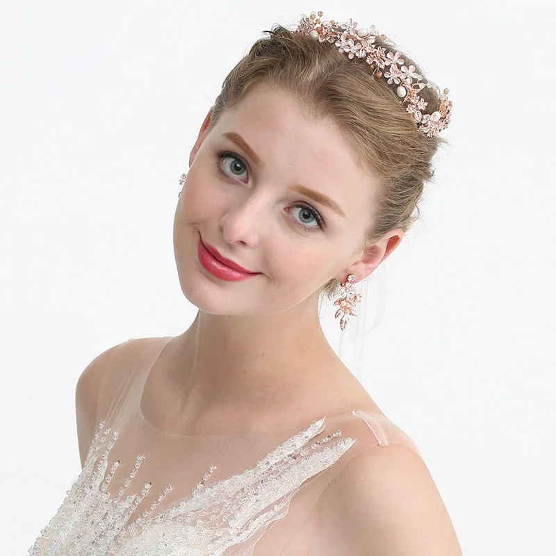 SLBRIDAL розовое золото проводной Стразы Кристалл пресноводный жемчуг свадебное украшение на голову свадебные волосы лоза аксессуары для волос для женщин ювелирн