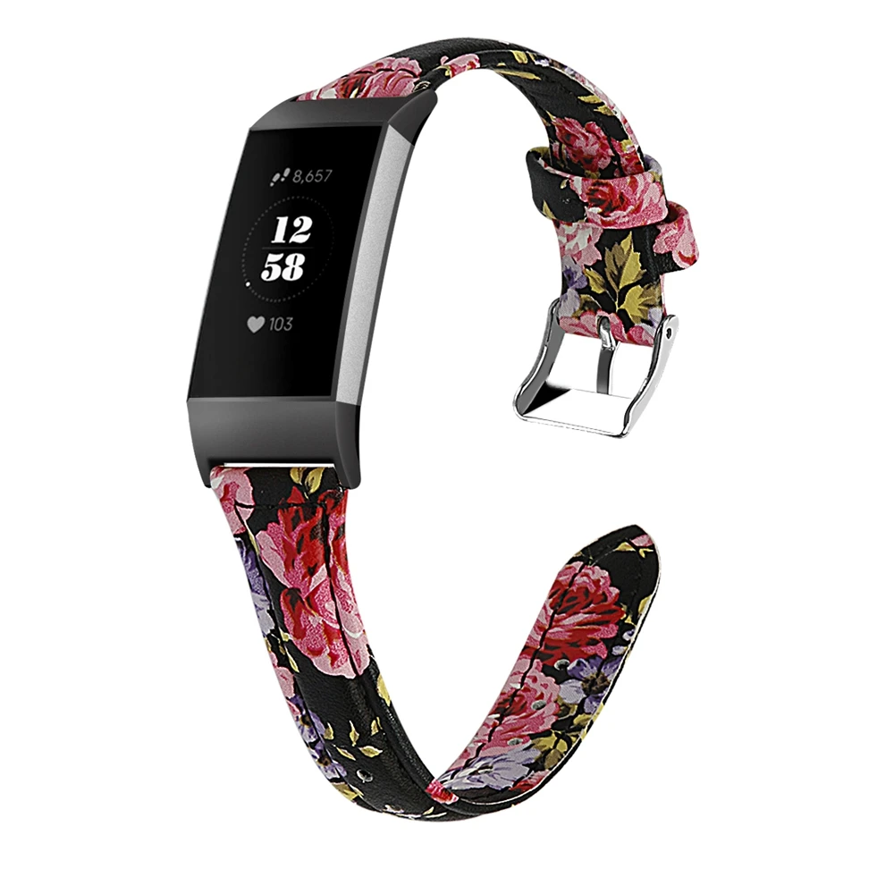 Pink Flower Hangrui для Fitbit Charge 3 цветочный узор Fitbit Charge 3 Band натуральная кожа часы ремешок Замена для девочек женщин дамы - Цвет: Pink Flower