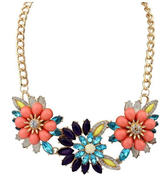 Блеск золотой цепь gem кристалл горный хрусталь цветы колье смола многоцветный