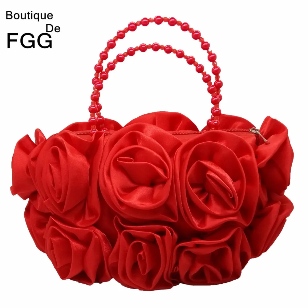 Boutique De FGG красный цветок Роза женский атласный вечерний бисерный кошелек с ручкой