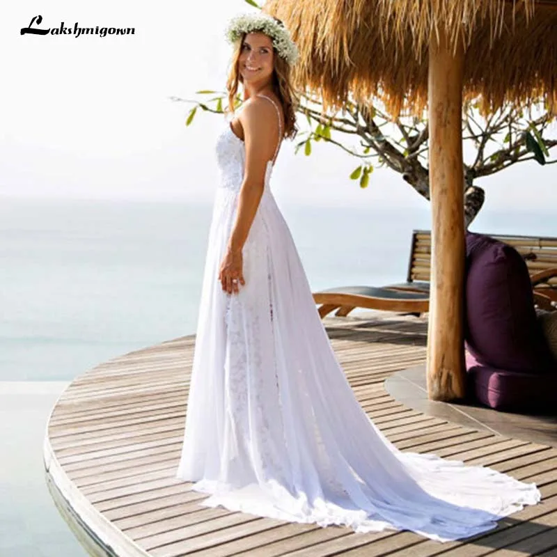 Спагетти Ремень boho Свадебное платье Цветочные шифоновые кружевные аппликации A
