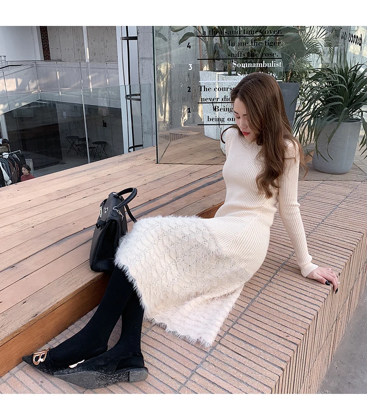 Women Knitted Sweater And Pullovers Korean Fashion Style Dress Winter And Autumn New Solid Knitted Dress