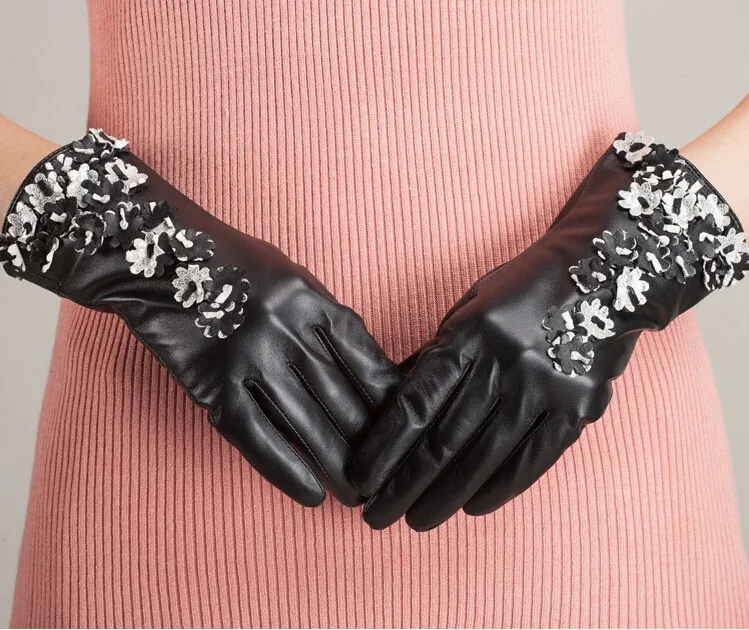 Luvas De Inverno женские перчатки из натуральной кожи с цветком зимние Утепленные перчатки из овчины