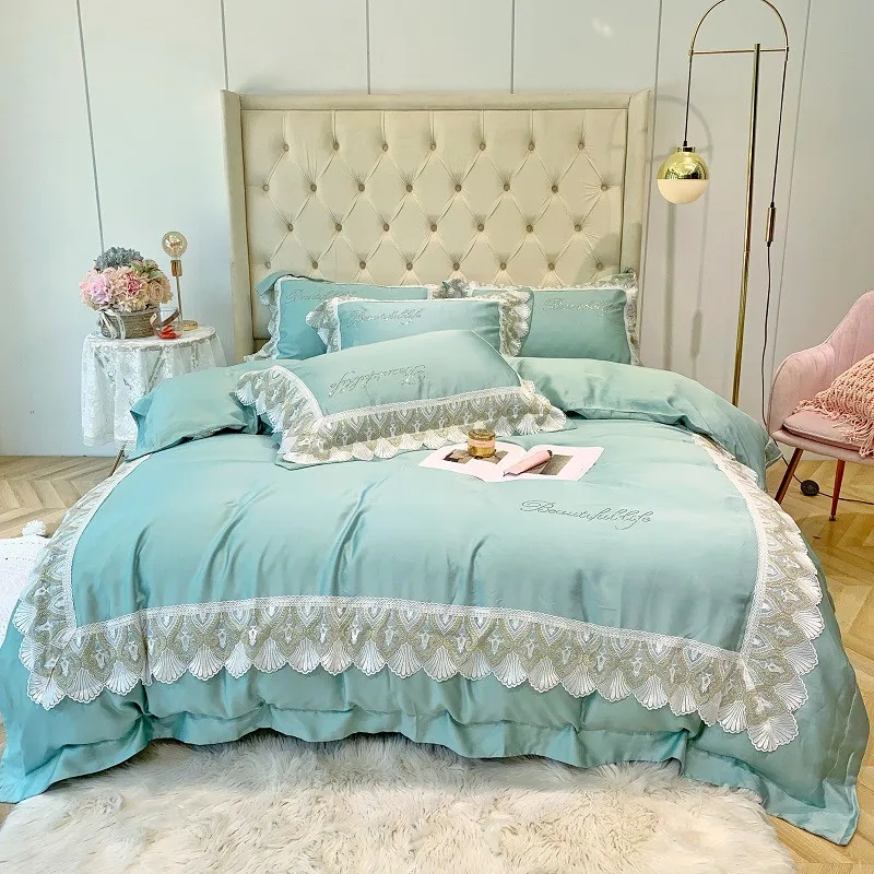 Luxury Green Pink Blue Gray 100S Tencel Silk Princess Girl Bedding Set Lace Queen King Size Duvet Cover Bed Sheet Pillowcases | Дом и сад