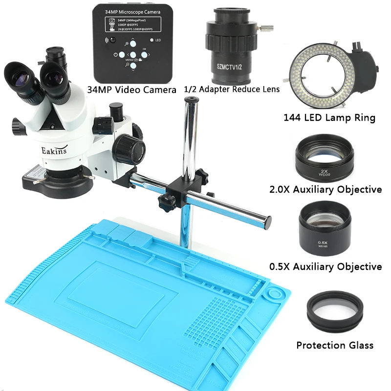 

34MP 2K 1080P 60FPS HDMI USB Microscope Camera 3.5~90X Continuous Zoom Trinocular Stereo Microscope 144 LED Lamp Barlow Lens