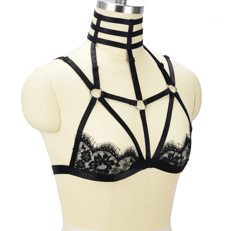 Черные кружевные ремня через одно плечо кружевное клетка бюстгальтер для тела