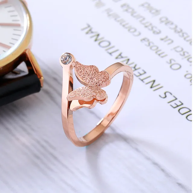 Top Brand Rose Gold Color Frosted Butterfly Ring for Woman Girl Wedding Jewelry Fashion 316L Stainless Steel Never Fade | Украшения и