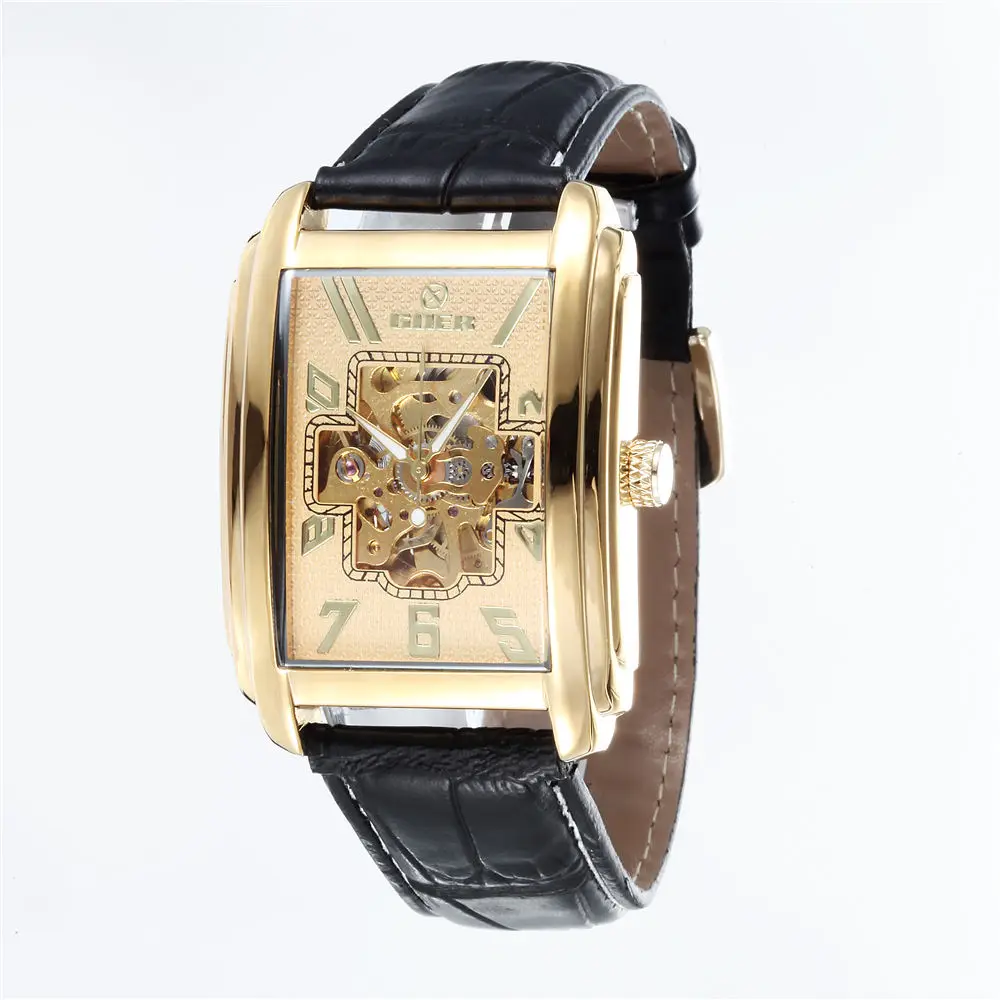 

Relogio Masculino Luxury Brand Rectangle Automatic Mechanical Watch MenCasual Business Skeleton Wrist WatchLeather Band GOER