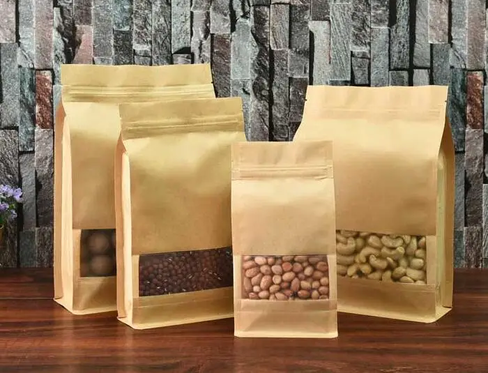 

Бесплатная доставка, 50 шт./лот, 8 сторон, пакет из крафт-бумаги на застежке, вместительный мешок со стойкой, матовый пакет для окон