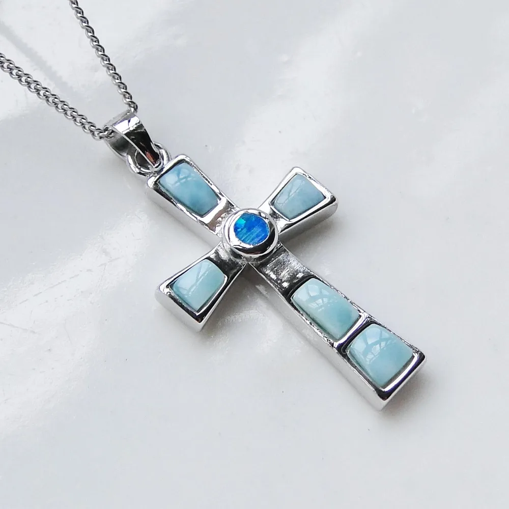 

New Design 100% 925 Sterling Silver Pendant Natural Larimar Pendant Cross Pendant with Round Blue Opal Jewelry without Chain