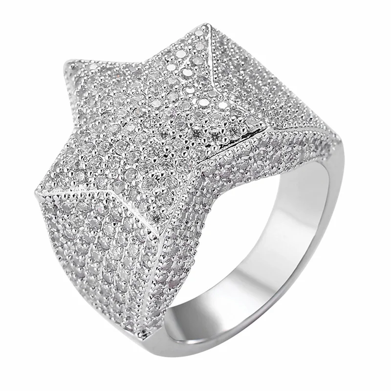 

Hip Hop Mens Rings Iced Out Five-Pointed Star Micro Pave Zircon Rings for Men Women Fashion Rock Jewelry