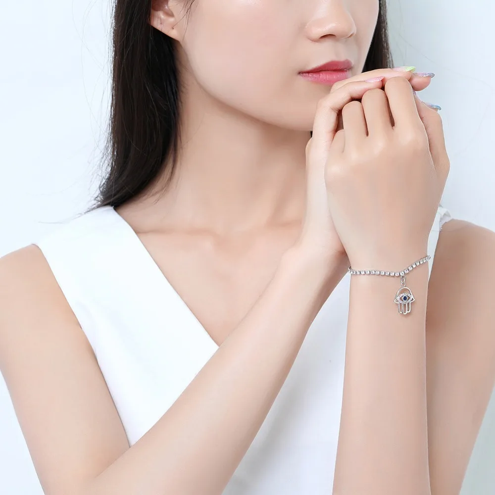 Женский браслет на руку UMODE из белого золота с голубым и прозрачным кубическим