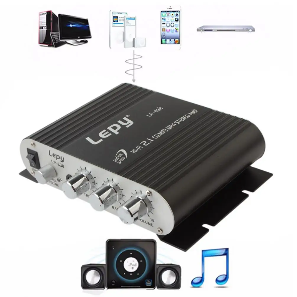 

Lepy LP-838 12V Car Amplifier Hi-Fi 2.1 Amplifier Booster Radio CD MP3 MP4 Stereo AMP Bass Speaker Player for Car Home