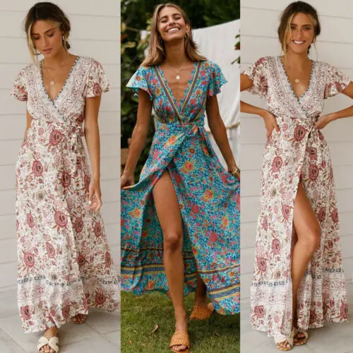 Женское летнее платье в стиле бохо с цветочным принтом и v образным вырезом
