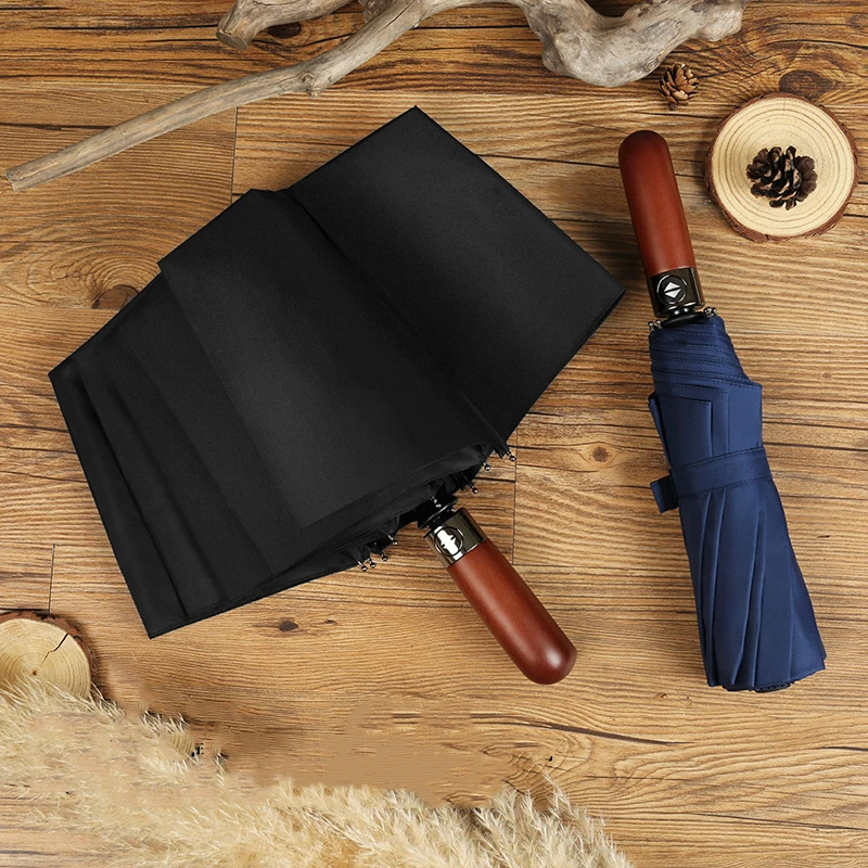 

Ten Bone Automatic Three Folding Wooden Handle Double Layer Umbrella Male Female Car Luxury Windproof Rain Business Umbrella