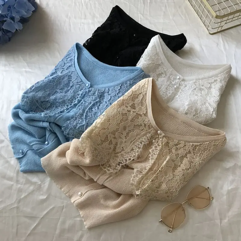ALPHALMODA 2019 Summer New Women's Knit Lace Collar Cardigans Single Breasted Patchwork Ladies Sweet Casual Outfit |