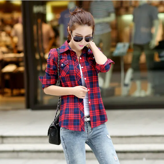 Женский топ с длинным рукавом в шотландскую клетку из 2017 хлопка | Женская одежда